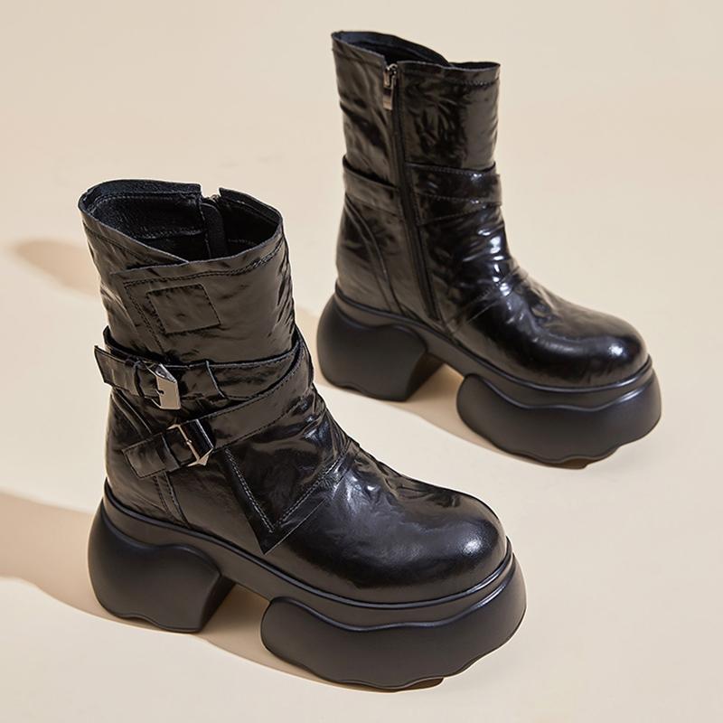 Modă Toc gros Ghete de gleznă din piele PU pentru femei Cataramă dublă Platformă Fermoar lateral Cizme scurte Iarnă Nou Goth Metal Punk Pantofi Botas