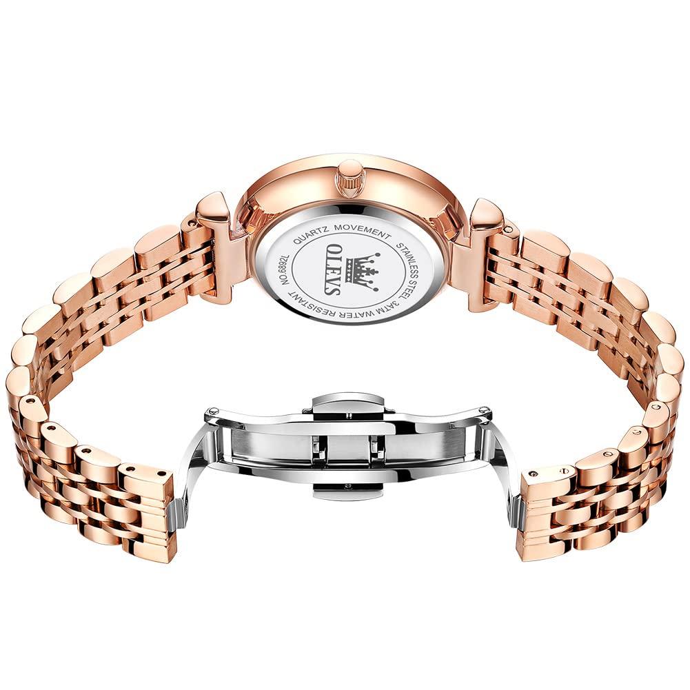 OLEVS Women's Watch, Simple and Casual, Date Display, Waterproof, Rose Gold with Diamond Dial, Double-Flip Closure, Wine Red, Gift