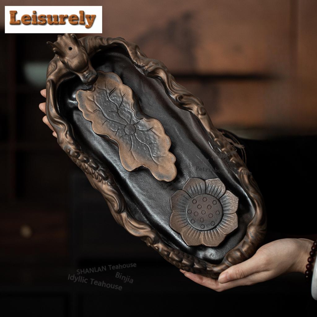 Gilt Coarse Pottery Dragon Lying On Lotus Tea Tray Afternoon Tea Dessert Plate Coffee Storage Board Teapot Mat Dishes Tea Set