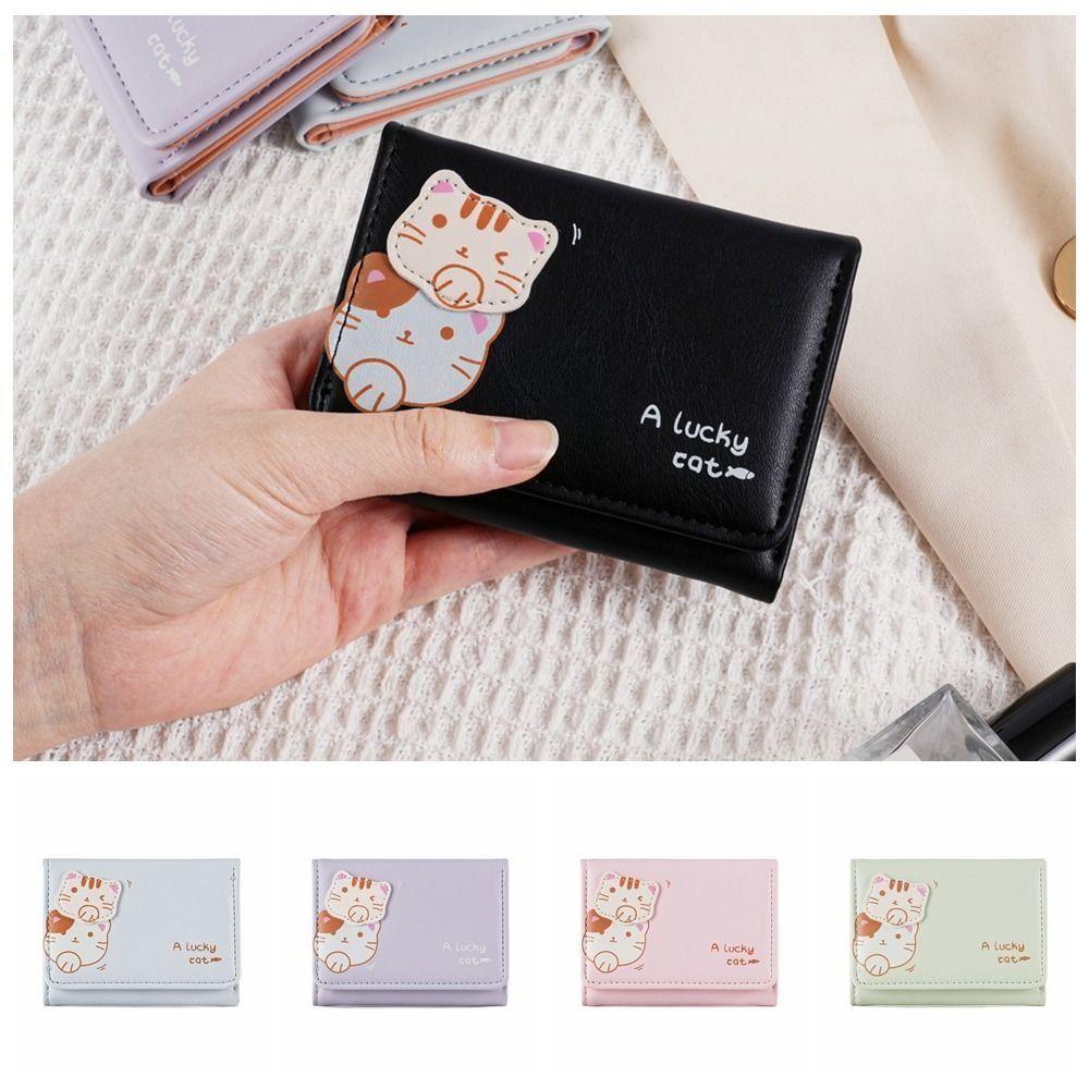 Korean Style Cat Short Wallet Solid Color Coin Purse Portable Cute Tri-Fold Purses  Female