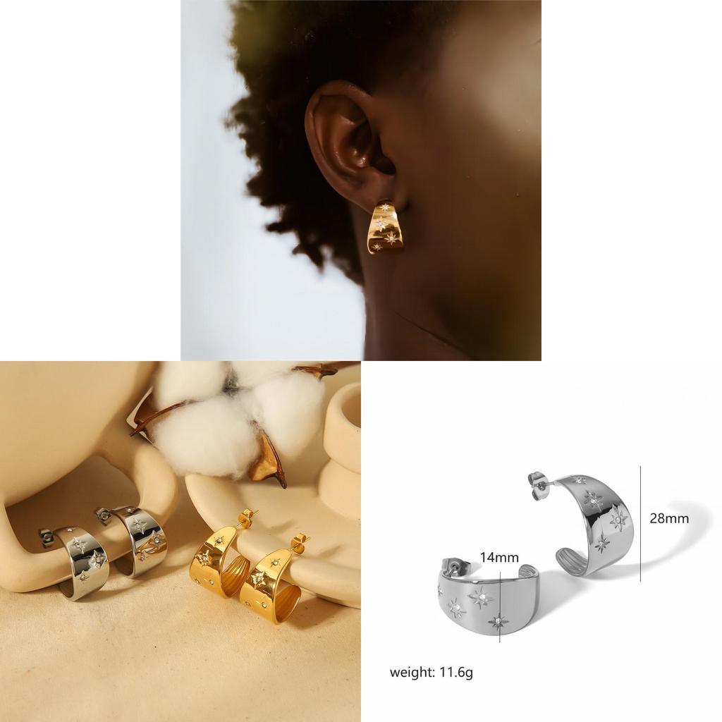 No Ip Category Stainless Steel Star Shaped Earrings With Cubic Zirconia For Women