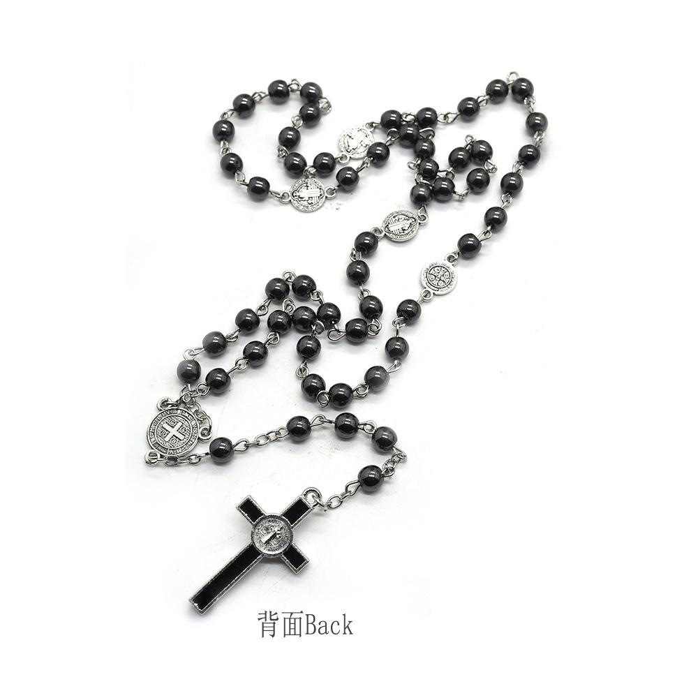 Retro Religion Belief Catholic Cross St. Benedict Black Gallstone Prayer Rosary Pendant Necklace Men Accessories Jewelry Gift