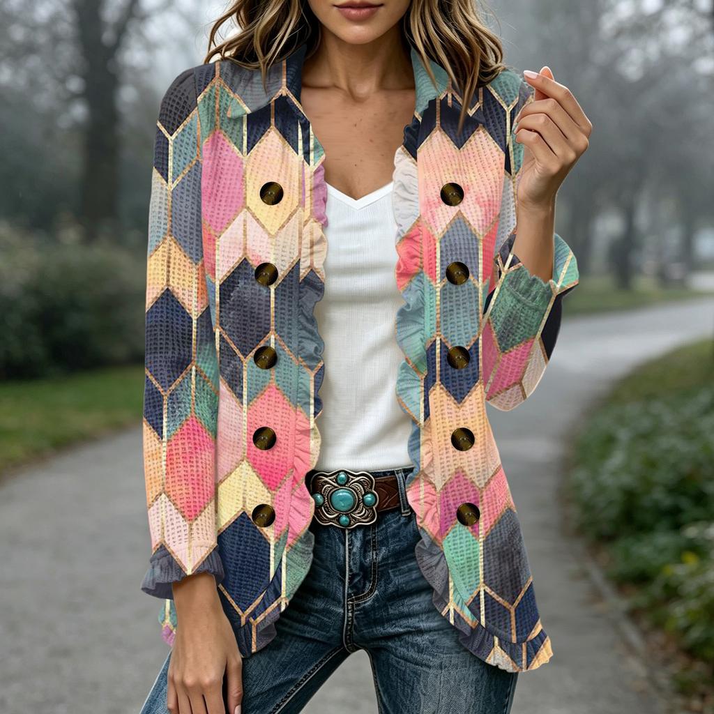 Women's Fashion Floral Print Long Sleeve Ruffle Open Front Cardigan for Casual Wear