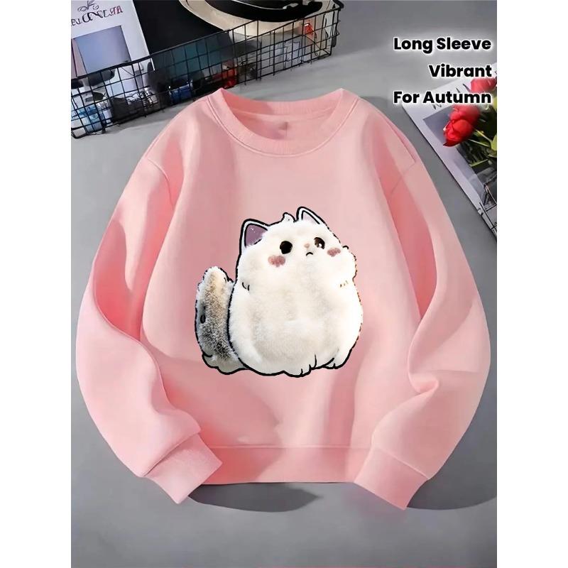 European Size Crewneck Sweatshirt - Fluffy White Cat with Pink Cheeks Machine Washable, Spring And Autumn, Sportswear And Casual Wear, Soft