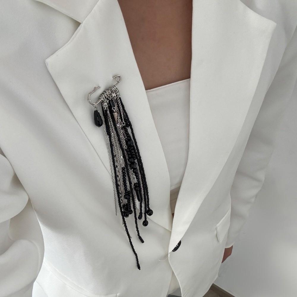 Black Crystal Crystal Beads Brooches Vintage Style Irregular Geometry Tassel Pendant Brooch Chain Bead Creative Design Lapel Pin