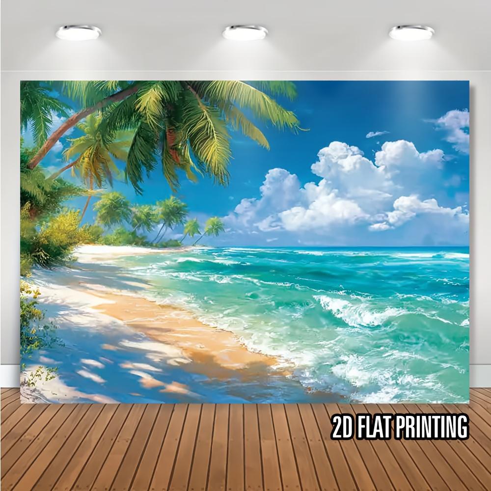 2D Plane, with a Background of Coconut Trees, Blue Sky, White Clouds and a Beautiful Ocean, Made of Polyester Fiber
