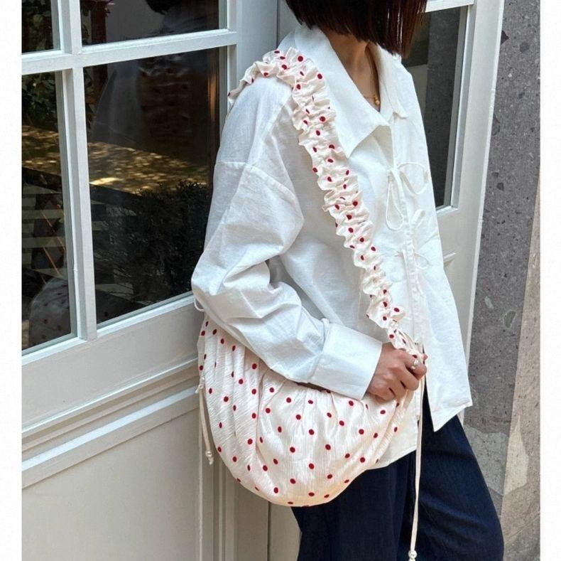 Fashion Accessorie Women's Red Versatile Pleated Lace Polka Dot Dumpling Bag Drawstring Zipper Messenger Canvas Bag Commuter Tote Bag