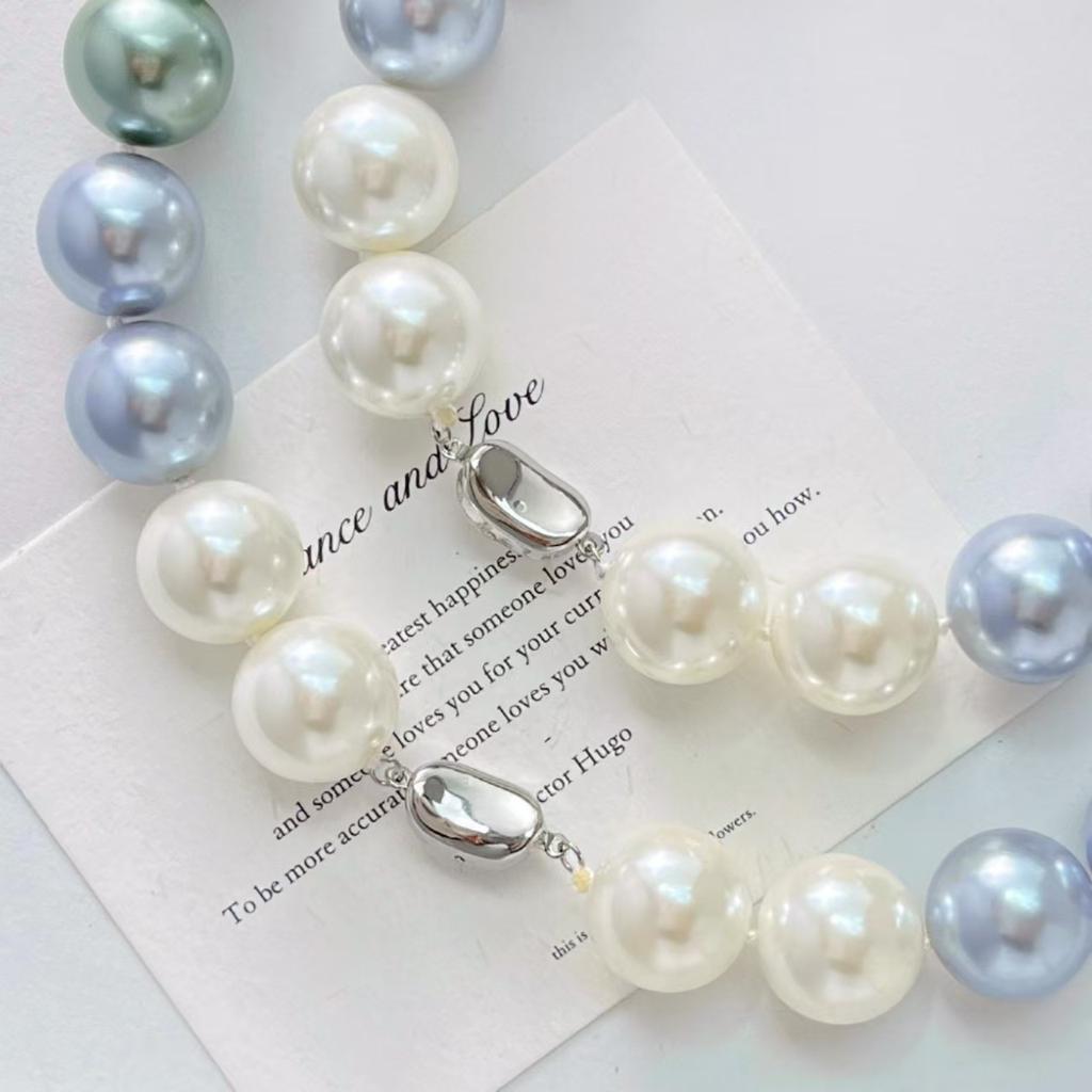 Vintage 16Mm Large Granular High Quality Blue Grey Green Artificial Crystal Pearl Necklace Clavicle