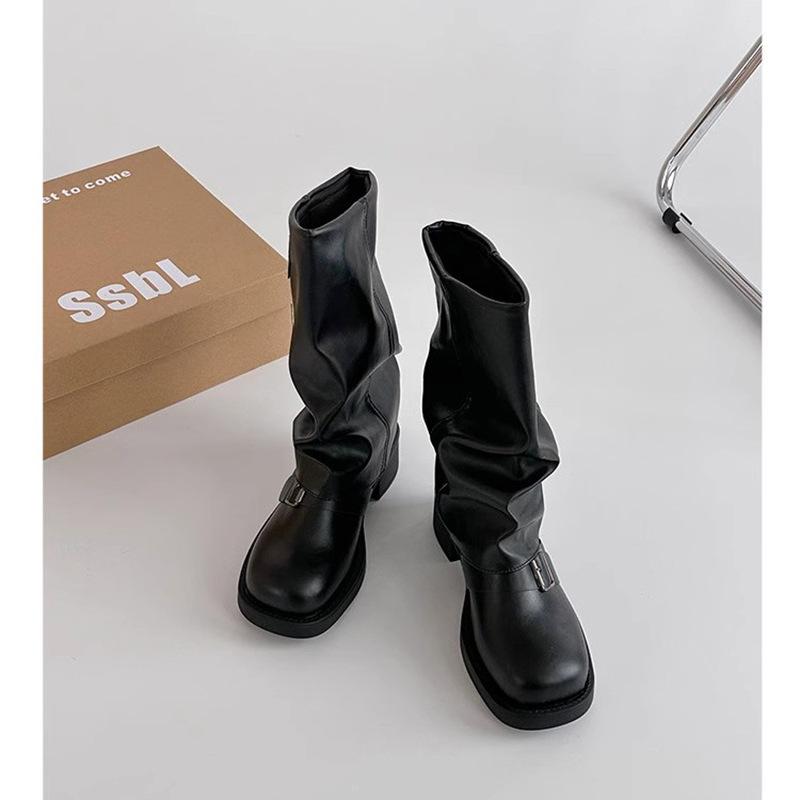 Retro style round head sleeve trouser tube boots women's belt buckle 2025 autumn and winter fold stack boots Martin boots fashion boots