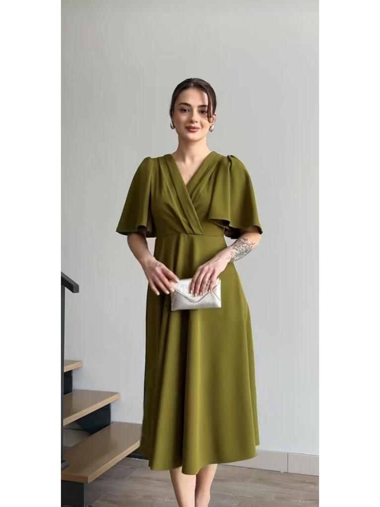 2025 Summer European & American Puff Sleeve V-Neck Waist-Gathering French Long Dress