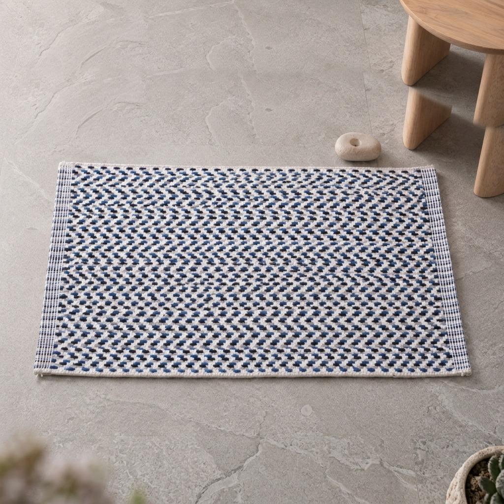 50x80cm Handwoven Cotton Doormat, Blue White Flecked Entrance Mat, Non-Slip Machine Washable Absorbent Floor Rug for Kitchen Bathroom Hallway Balcony