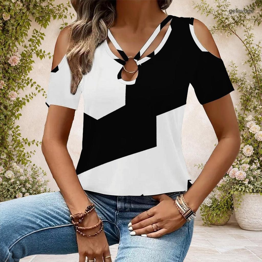 Women Plus Size Keyhole Ring Neck Cold Shoulder Short Sleeve T Shirt Skull Rose Printed Cyan Black