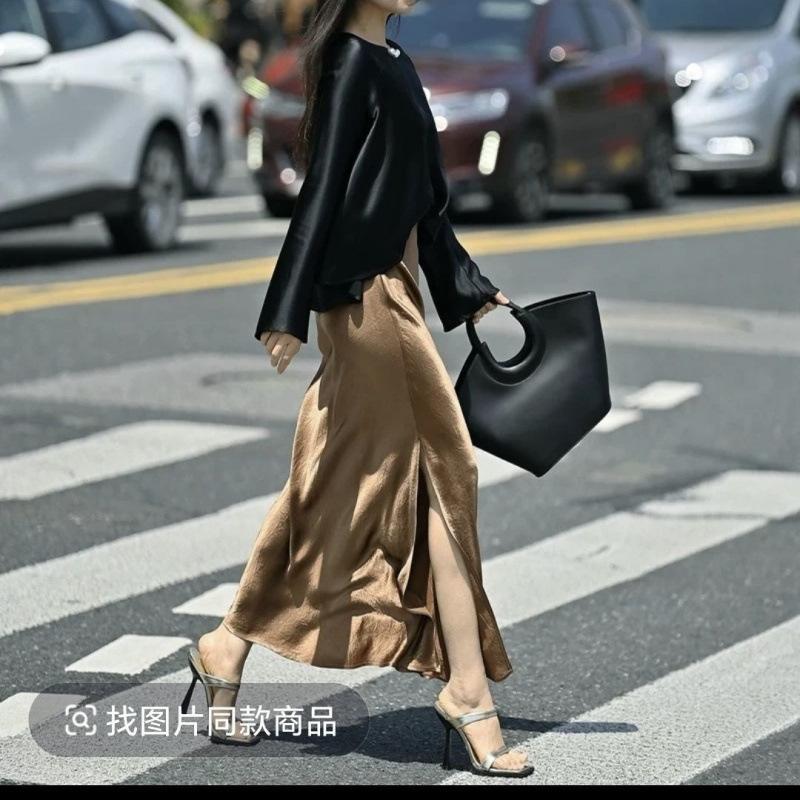 Women's Autumn Satin Half Skirt Silky Drapey Long Umbrella Skirt A-Line Premium Bodycon Mermaid Skirt
