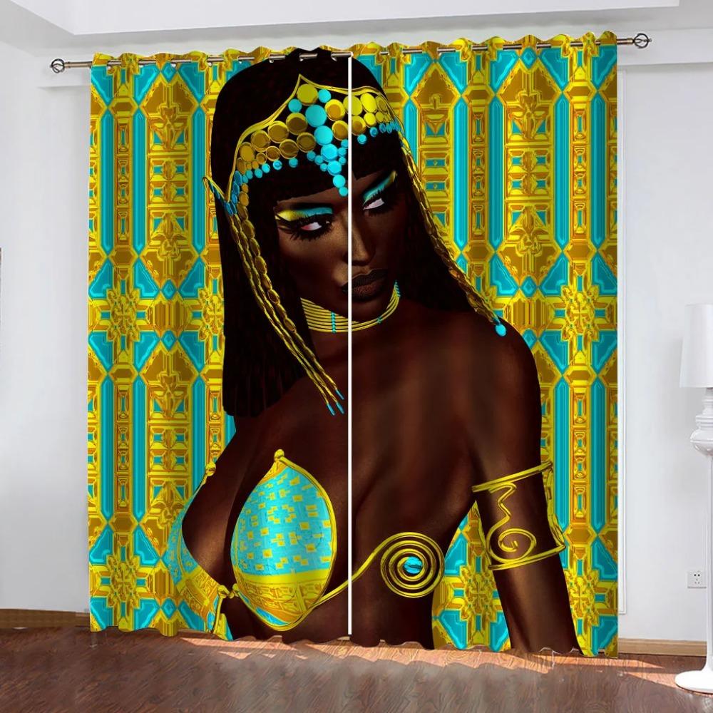 Window Curtains 3D African Dark Skin Woman Printed Curtains For Boys Bedroom Living Room, Room Fashion 2 Pieces