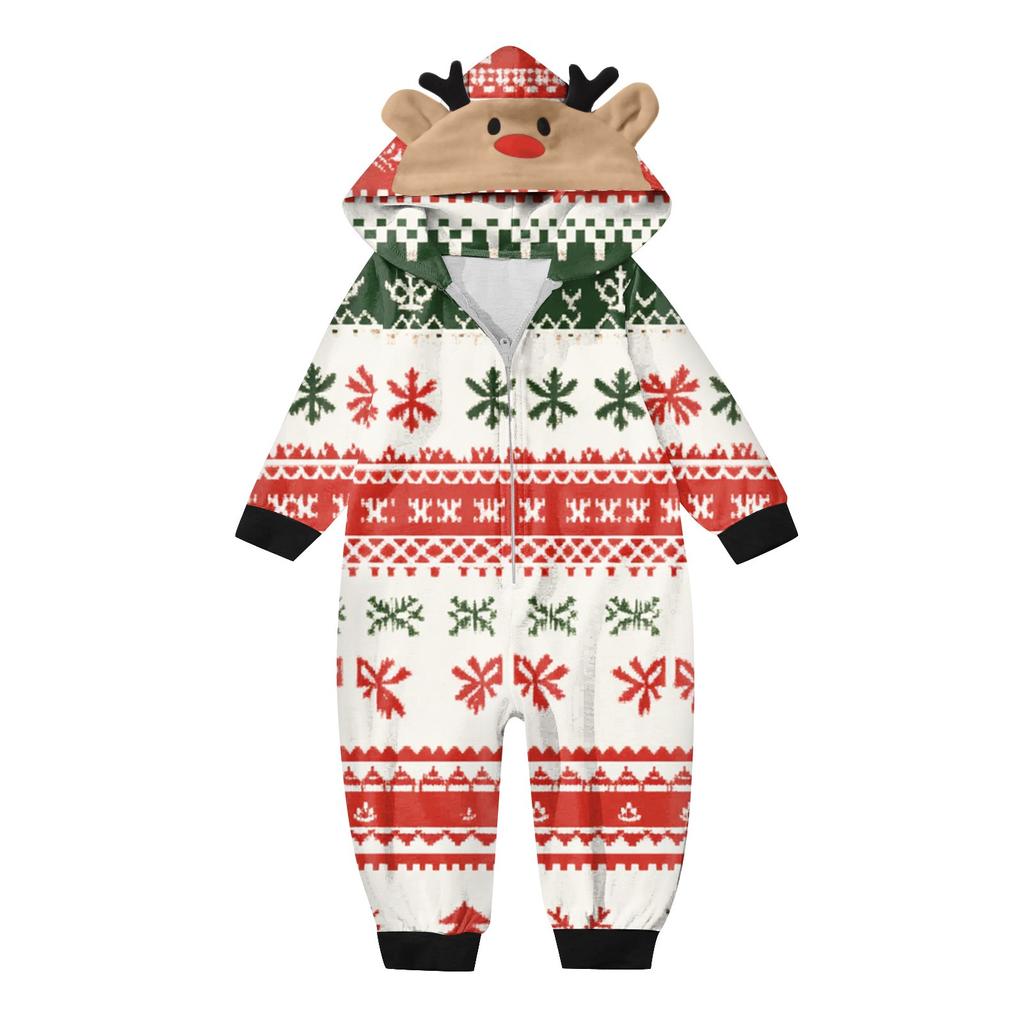 Parent Child Outfit - Christmas Print Family Matching Hooded Long Sleeved Zippered Jumpsuit Set