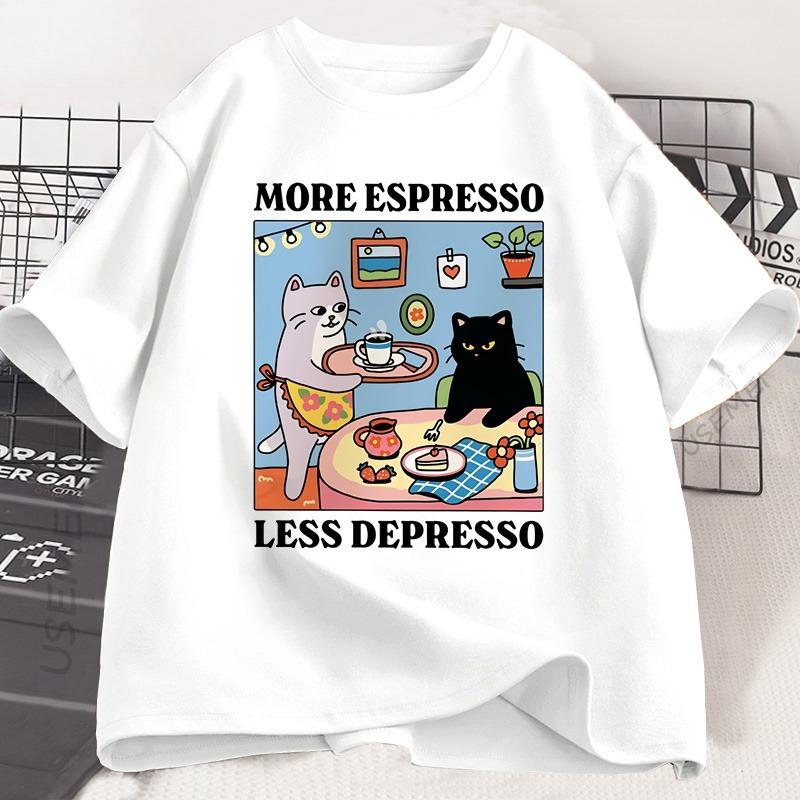 More Espresso Less Depresso Cat Coffee Graphic T Shirt Funny Coffee Lover Tee Unisex Casual Cotton Streetwear Short Sleeve Tops