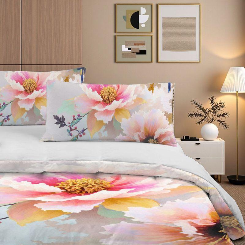 3-Piece Bedding Pillowcase Quilt Cover Set Pink Peony 2D Digital Printing Suitable For Bedroom Dormitory Decoration