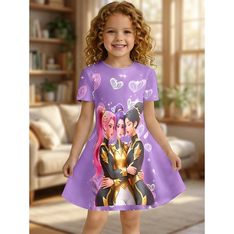 Mädchen Anime Mädchengruppe Bedrucktes T-Shirt Kleid, Kinderparty Lila Herz Lässiges Kleid Geeignet für Geburtstagsgeschenke