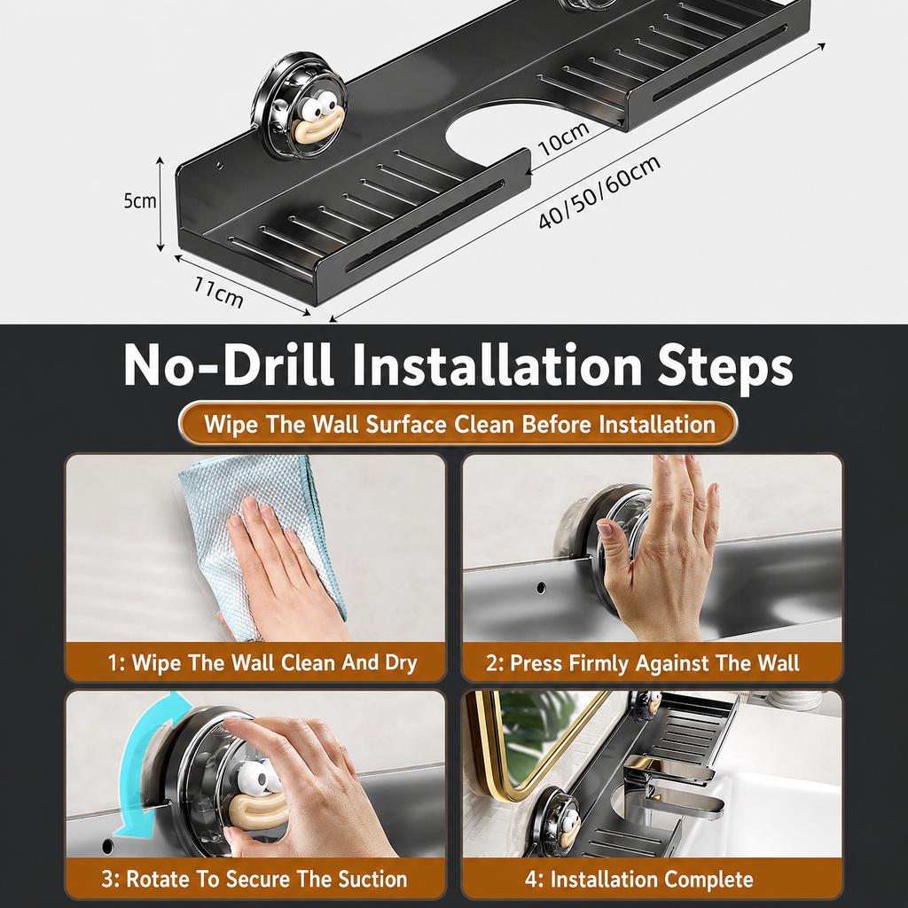 Suction Cup Storage Rack Wall Mounted No-Drill Bathroom Kitchen Drainage Organizer Carbon Steel