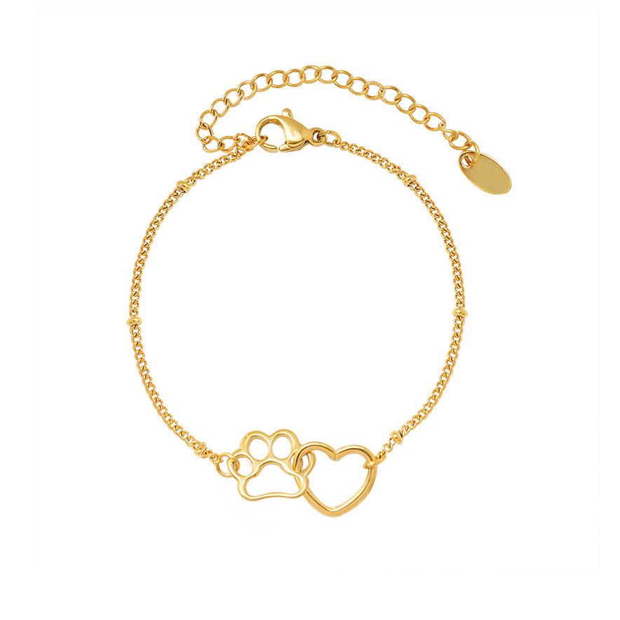 Stainless Steel Gold-Plated Cat Paw Heart Chain Bracelet - Cute & Versatile Fashion Accessory