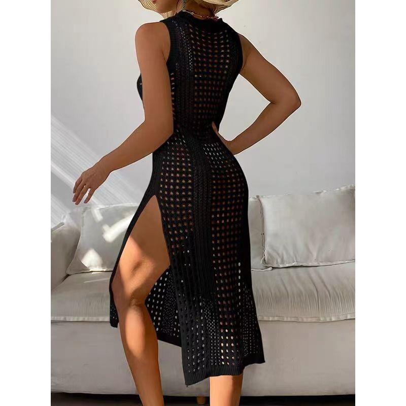 Sexy White Sleeveless Stacked Knitted Hollow High Slit Vest Dress Beach Sun Protection Bikini cover-up Women