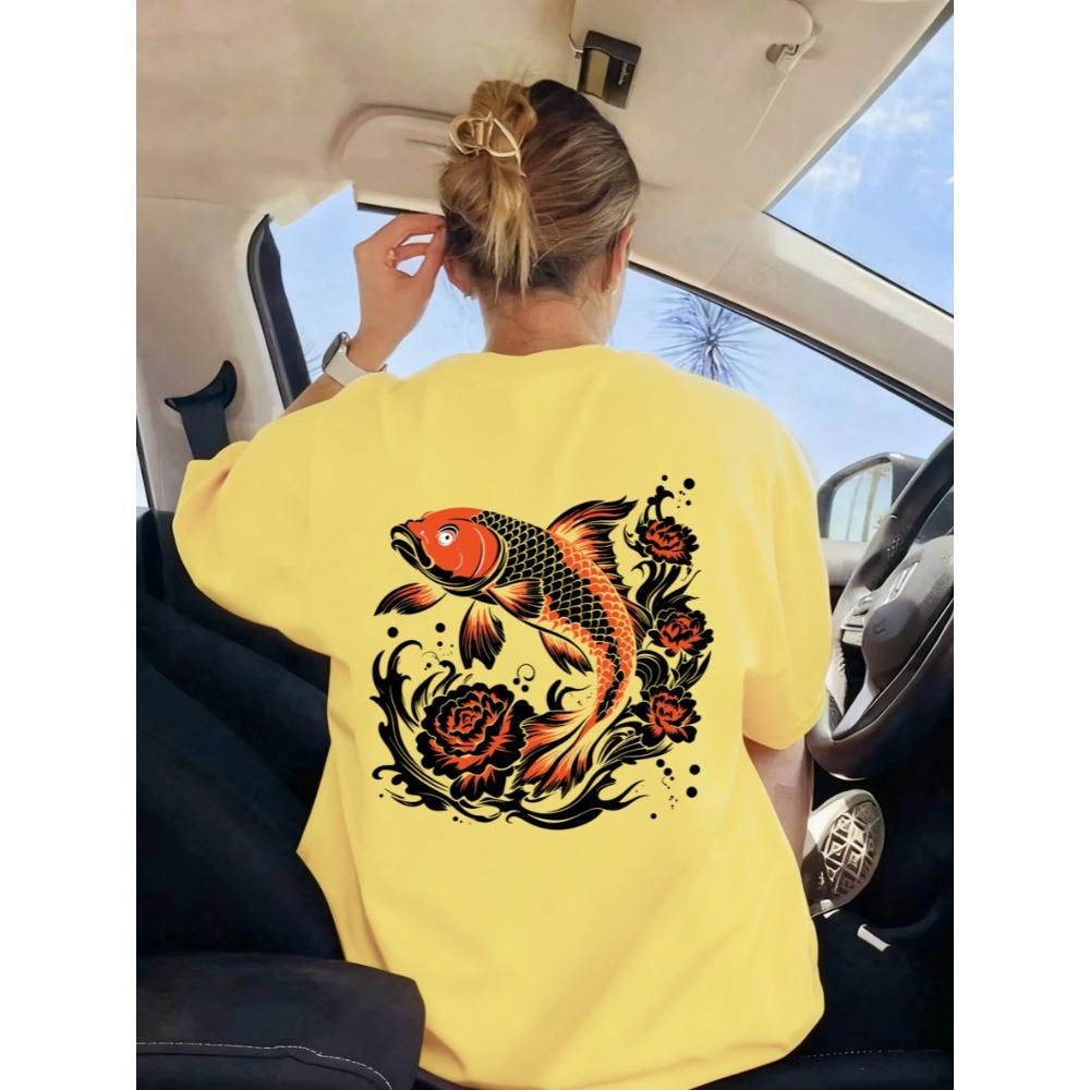 

Japanese Harajuku Creative Lotus Koi Printed Women T Shirt Summer Comfortable T-Shirt Casual O-Neck Clothes Short Sleeve 3XL
