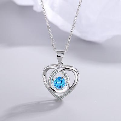 925 Sterling Silver Necklace Beating Heart Blue Zircon For Women Valentine 'S Day Jewelry Gift Party