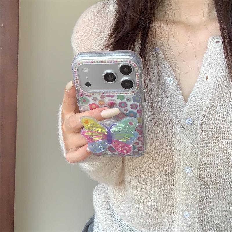 Colorful Rhinestone Butterfly Stand Phone Case for iPhone 17, 16 Pro Max, 15, 14