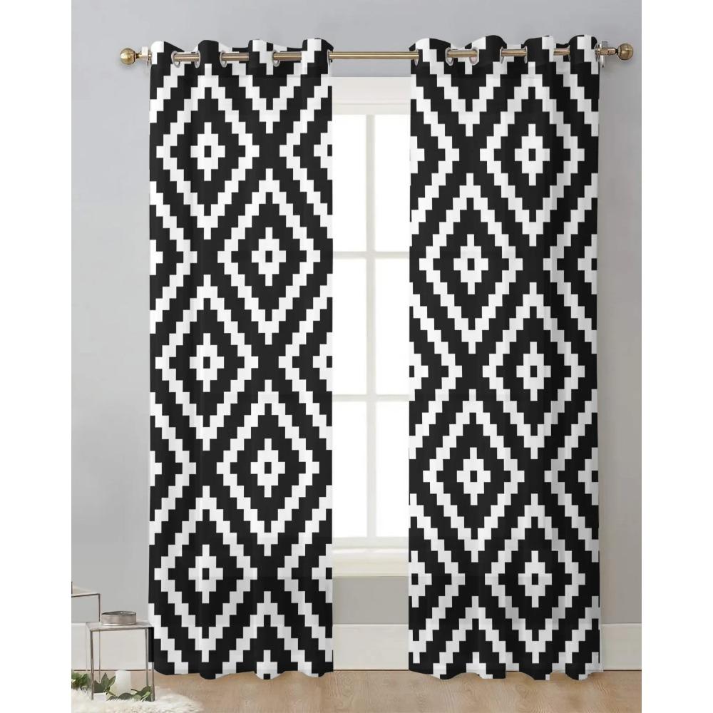 Geometric Square Texture Black White Sheer Curtains for Living Room Decoration Window Curtain Kitchen Tulle Voile Organza Drapes