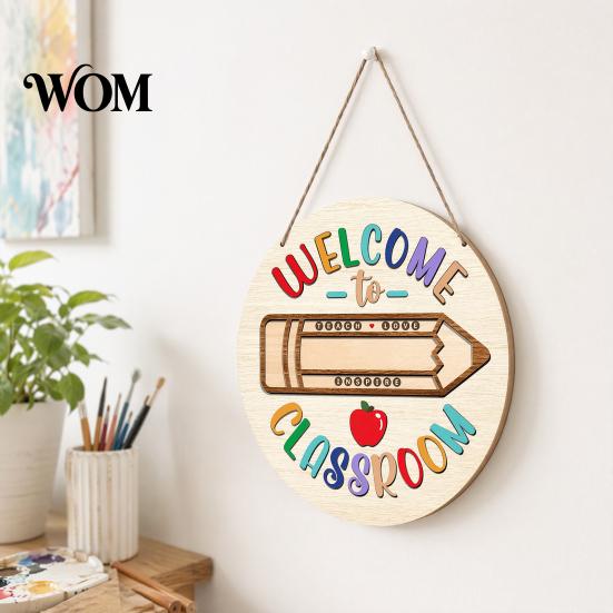 Farmhouse Classroom Sign Wooden Welcome for Door, to Our Round Smooth Surface Door Plaque Hanger, Front Hanging Sign, Back School Preschool Decoration