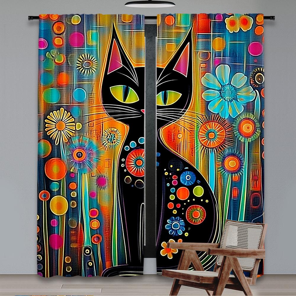 Set Of 2 Rustic Black Cat Curtain Vintage Watercolor Design Suitable Living Room Bedroom Many Other Occasions Polyester Perfect For Area