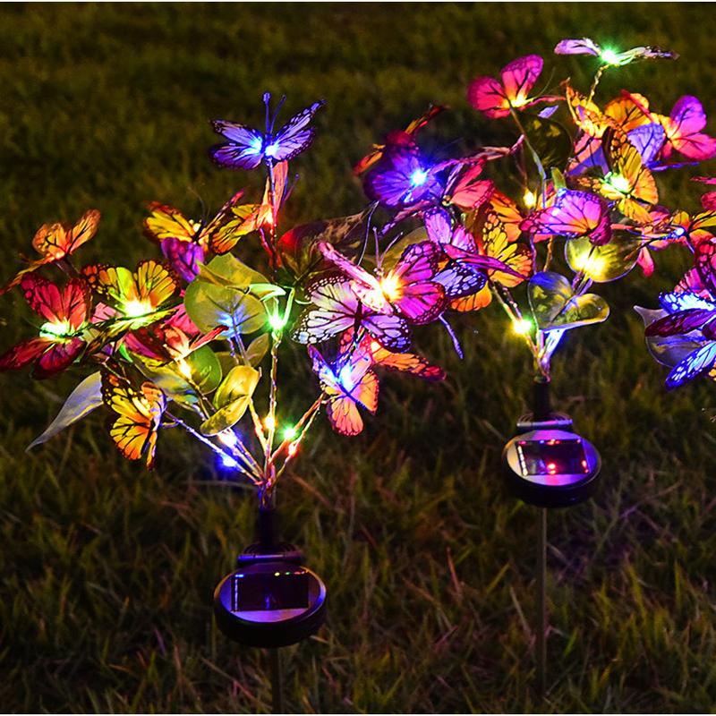 Солнечная энергия, уличный двор, четырехцветная лампа с бабочками и цветами, газонная лампа, украшение сада, наземная подключаемая ландшафтная лампа, цветочная лампа 2Pcs