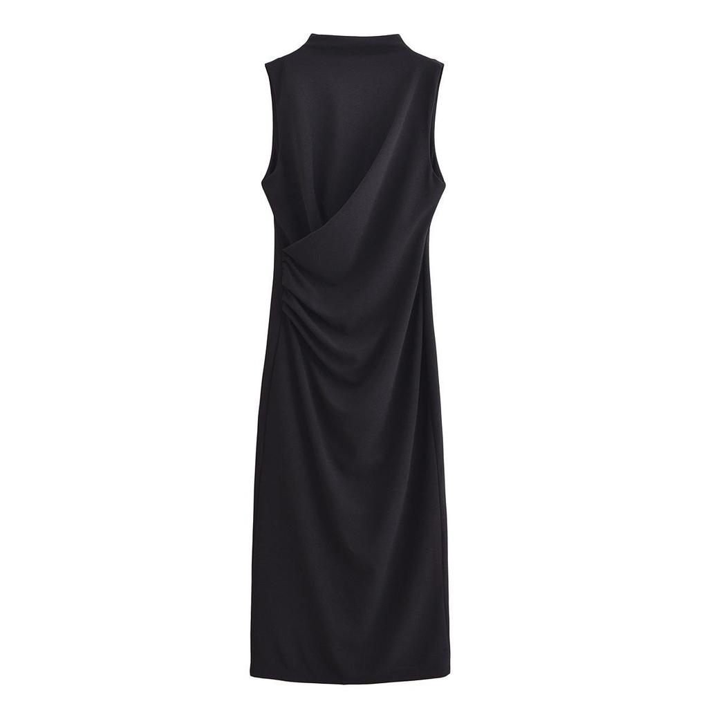 Spring 2025 Women's Pleated Midi Dress - Slim Fit with Waist-Gathering Design