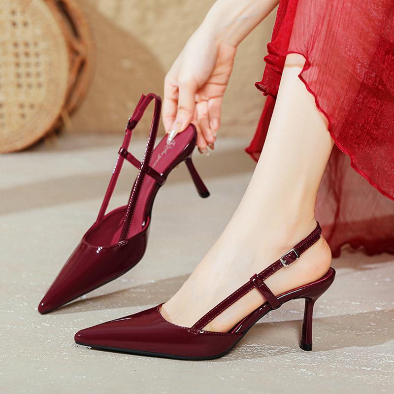 

Fashion 7CM High Fine Heels Slingback Sandals Women Patent Leather Shoes Ladies Office Ankle Strap Sandalias Cut-Out Pumps Brides Shoes 35