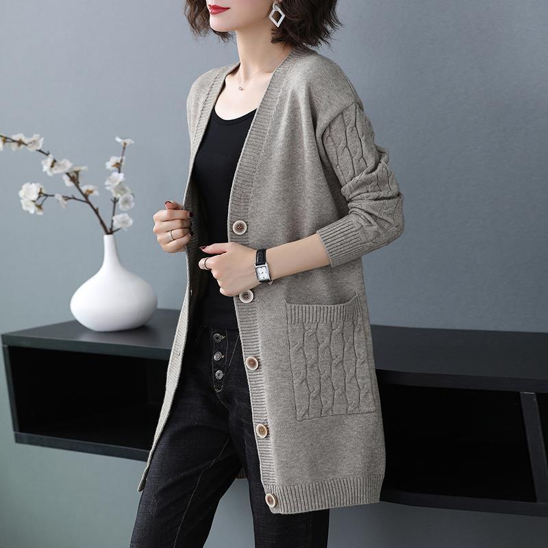 Women's Solid Color Knit Cardigan - V-Neck Mid-Length, Loose Fit Sweater for Spring & Autumn
