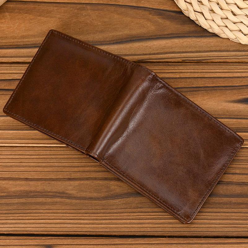 RFID Genuine Leather Men's Bifold Wallet Vintage Cowhide Short Purse with Interior Zipper Pocket