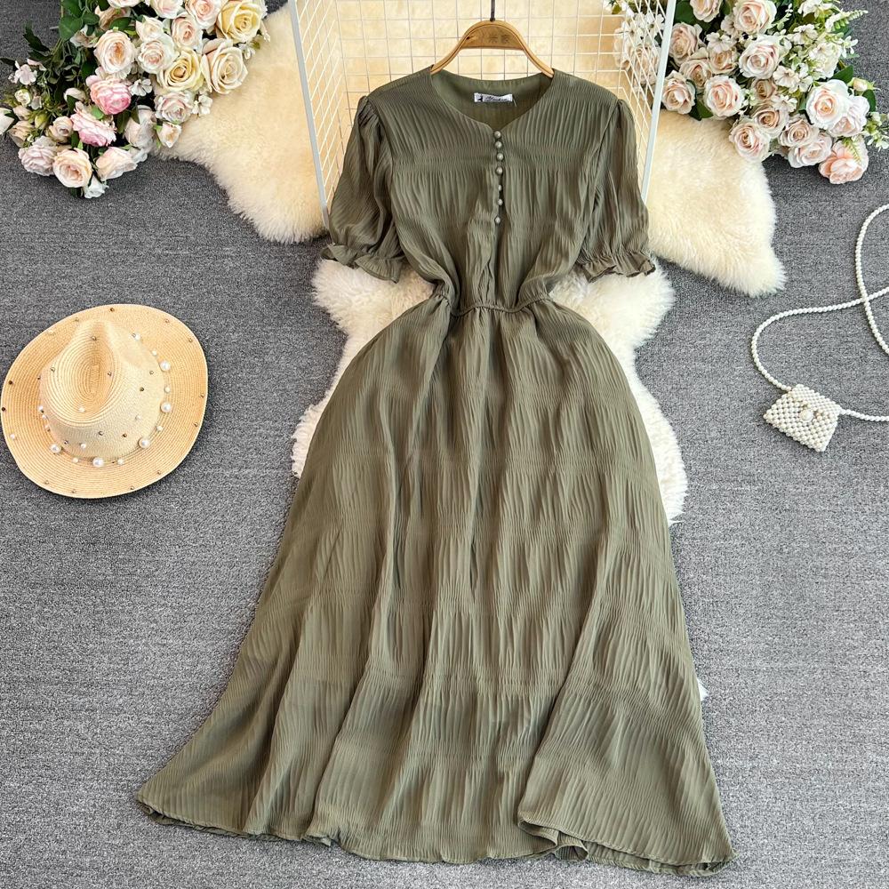 Summer Vintage Long Dress For Women Puff Short Sleeve Elegant Slim Black Maxi Dresses Pink Khaki Green White