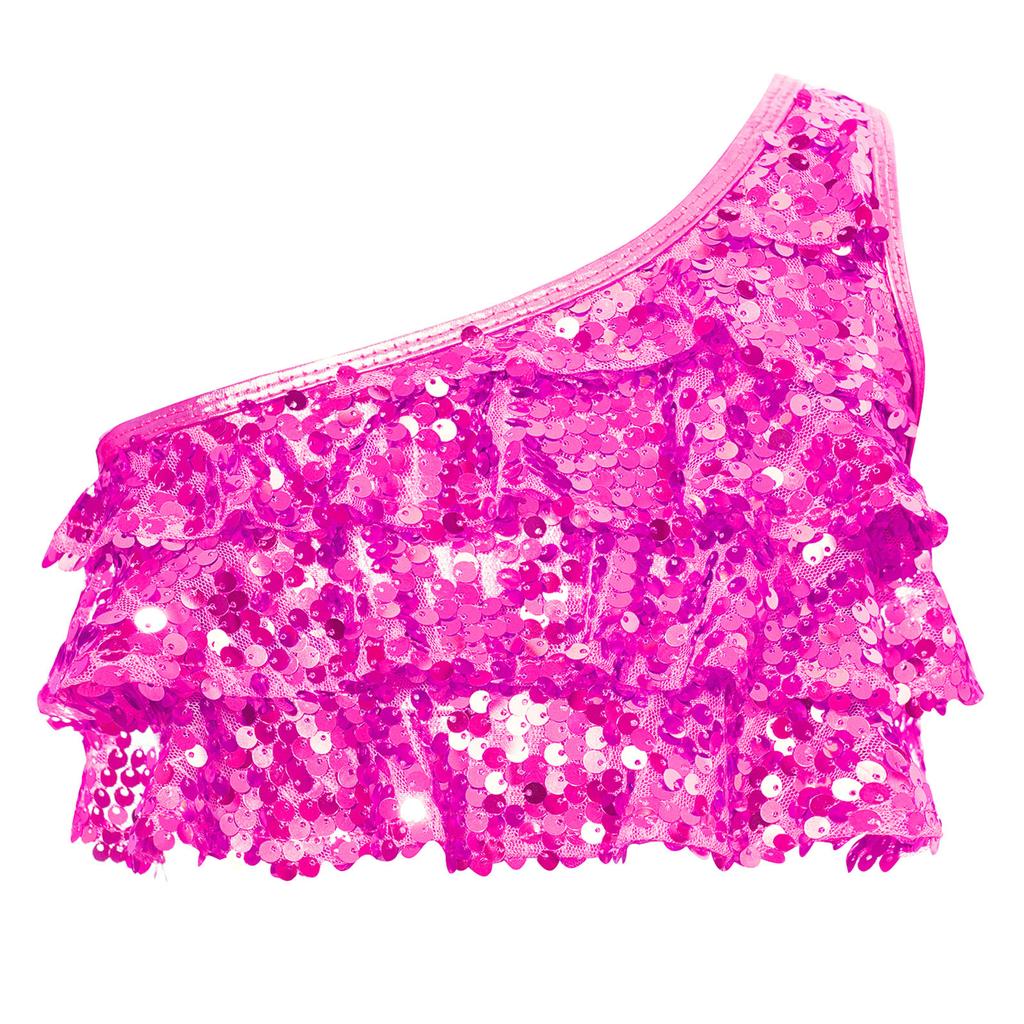Girls Dance Top Shiny Sequins Tiered Ruffles Sleeveless Crop Top Metallic One Shoulder Vest