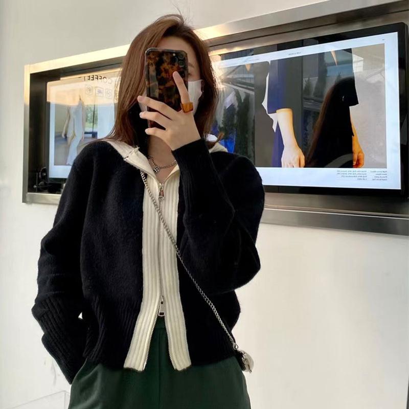 Autumn and winter double zipper color matching sweater women's jacket new knitted hooded lazy casual loose cardigan