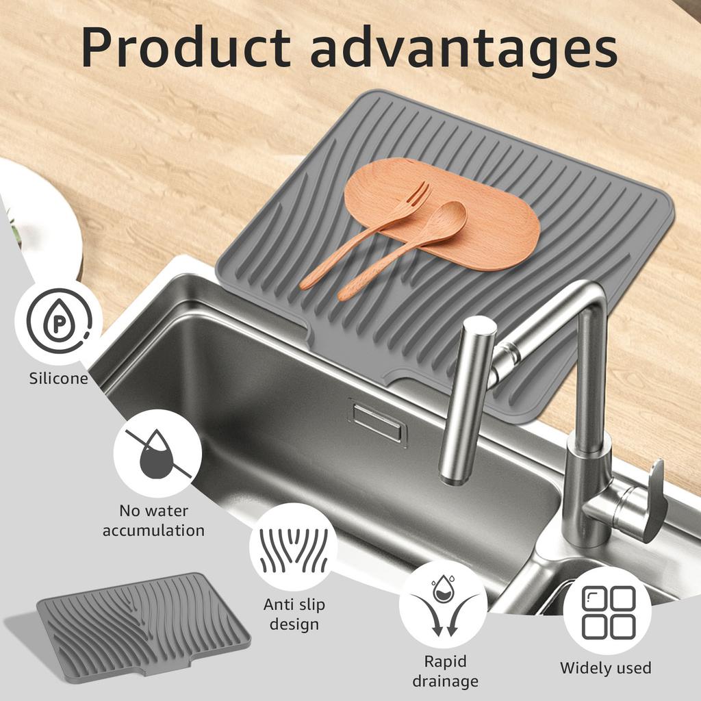 Silicone Dish Drying Mat Efficient Drain Pad 40x33x1.5cm Nonslip Kitchen Dish Drainer Pad with Raised Drain Lip for Home Counter