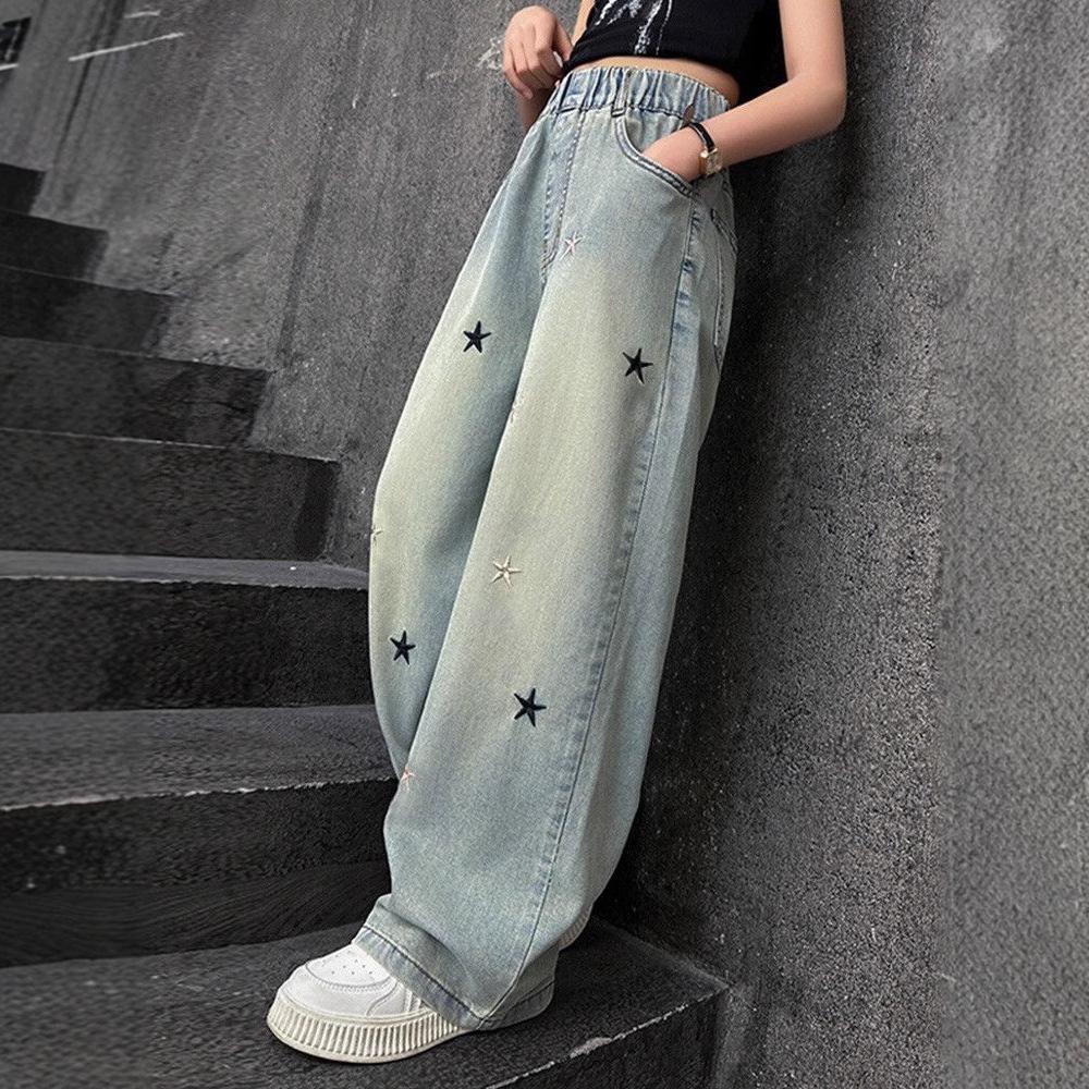 Spring Autumn Girls Jeans Embroidery Five-pointed Star Loose Pants for 3-12 Years Teen Girls Stylish Denim Wide Leg Pants
