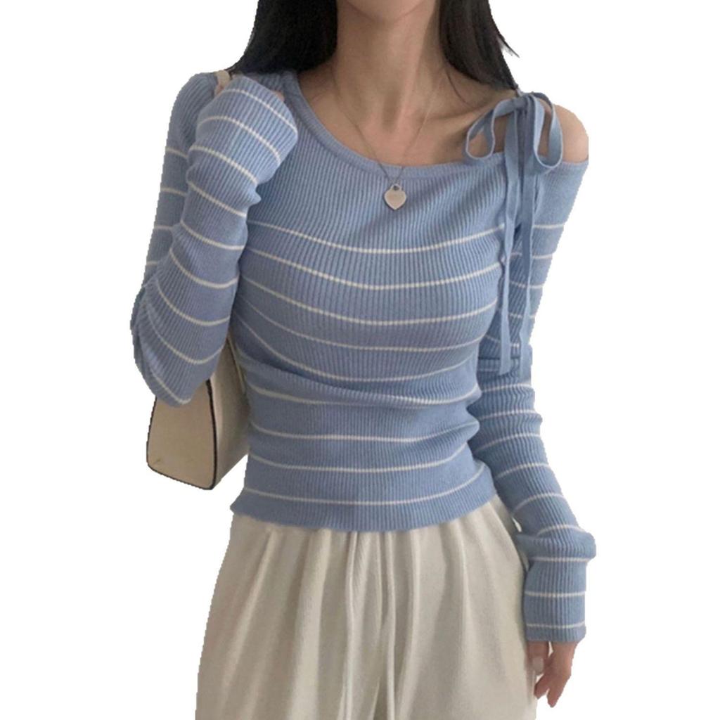 Top Tricotat Chic Coreean cu Umeri Goi, cu Șnur, cu Mâneci Lungi și Dungi