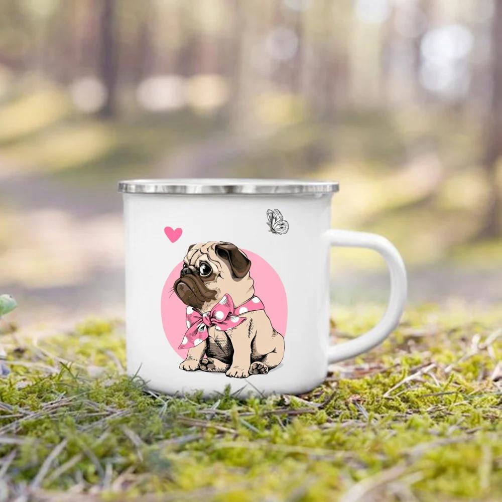 French Bulldog Print Mugs Creative Coffee Cup Drink Milk Beer Cup Camping Camfire Enamel Mugs Handle Drinkware Gift for Dog Love