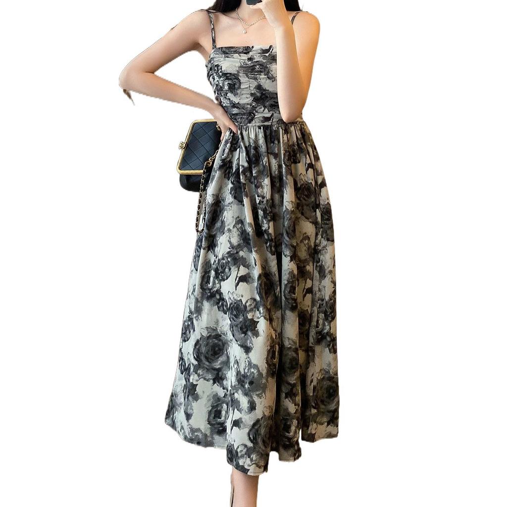 Ink Painting Retro Small Floral Tube Top Suspender Skirt Women's Clothing Summer New Product Waist Design Sense Fashion Temperament Long Dress
