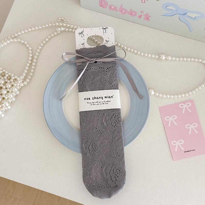 Women s Bow Tie Strap Mesh Ballet Socks - Mid-Calf, White, Summer Style One Size серый