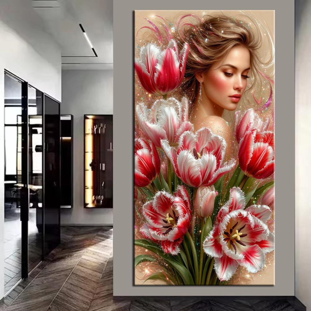 Beautiful Girl and Tulip Flowers DIY Diamond Painting Cross Stitch Full Drills Diamond Mosaic New Collection Home Decor