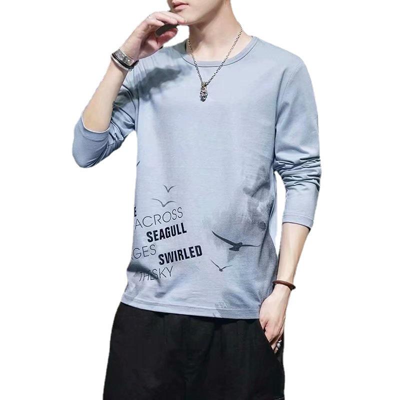 Męski T-shirt z długim rękawem o kroju slim-fit z okrągłym dekoltem - Modny styl hongkoński, wersja koreańska