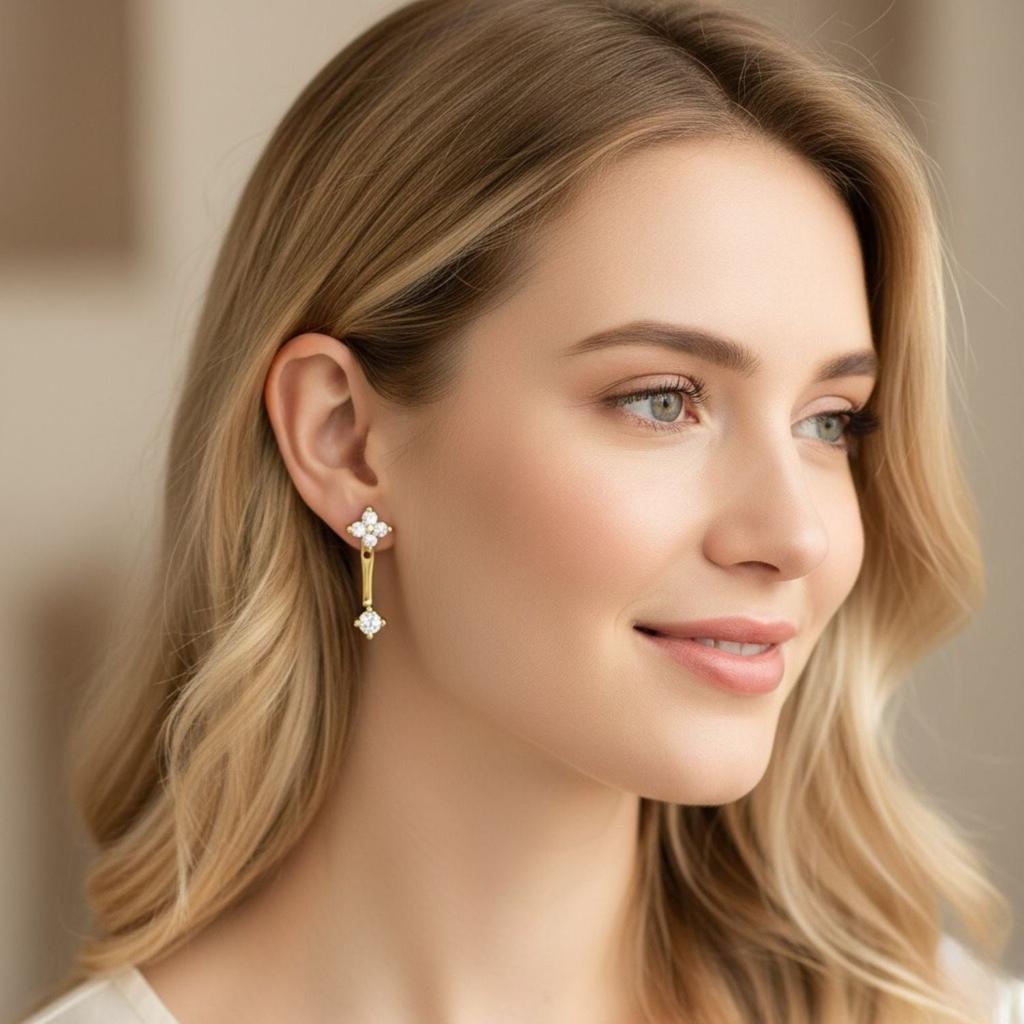 Doppelblumen Jacken-Hängeohrringe - Sterlingsilber Gelbvergoldet