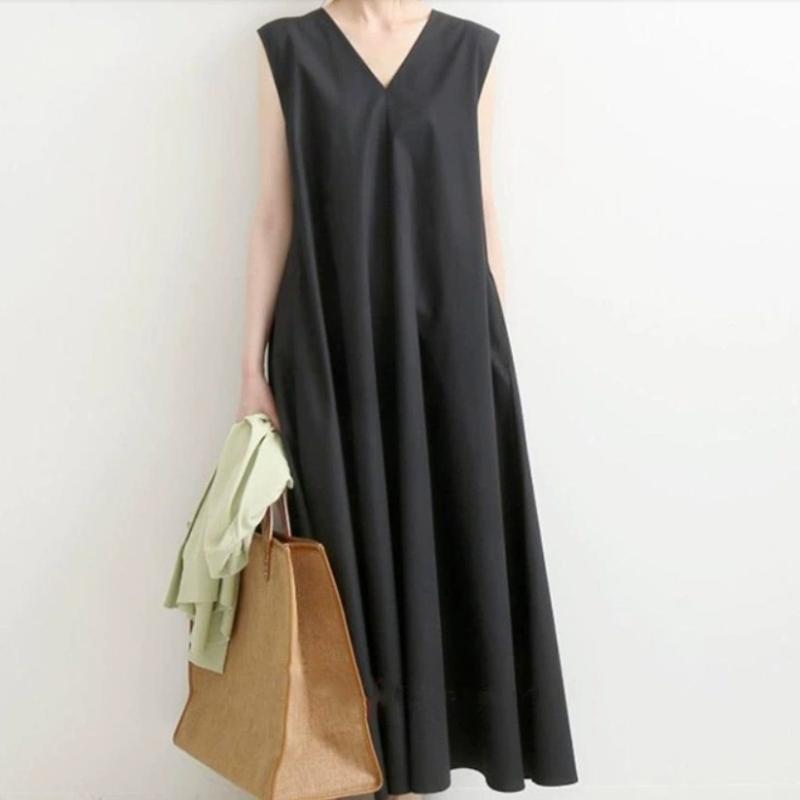 Original Cotton Linen Women Dress With Pocket Solid Loose V-Neck Sleeveless Summer Korean Long Robe Dress For Women