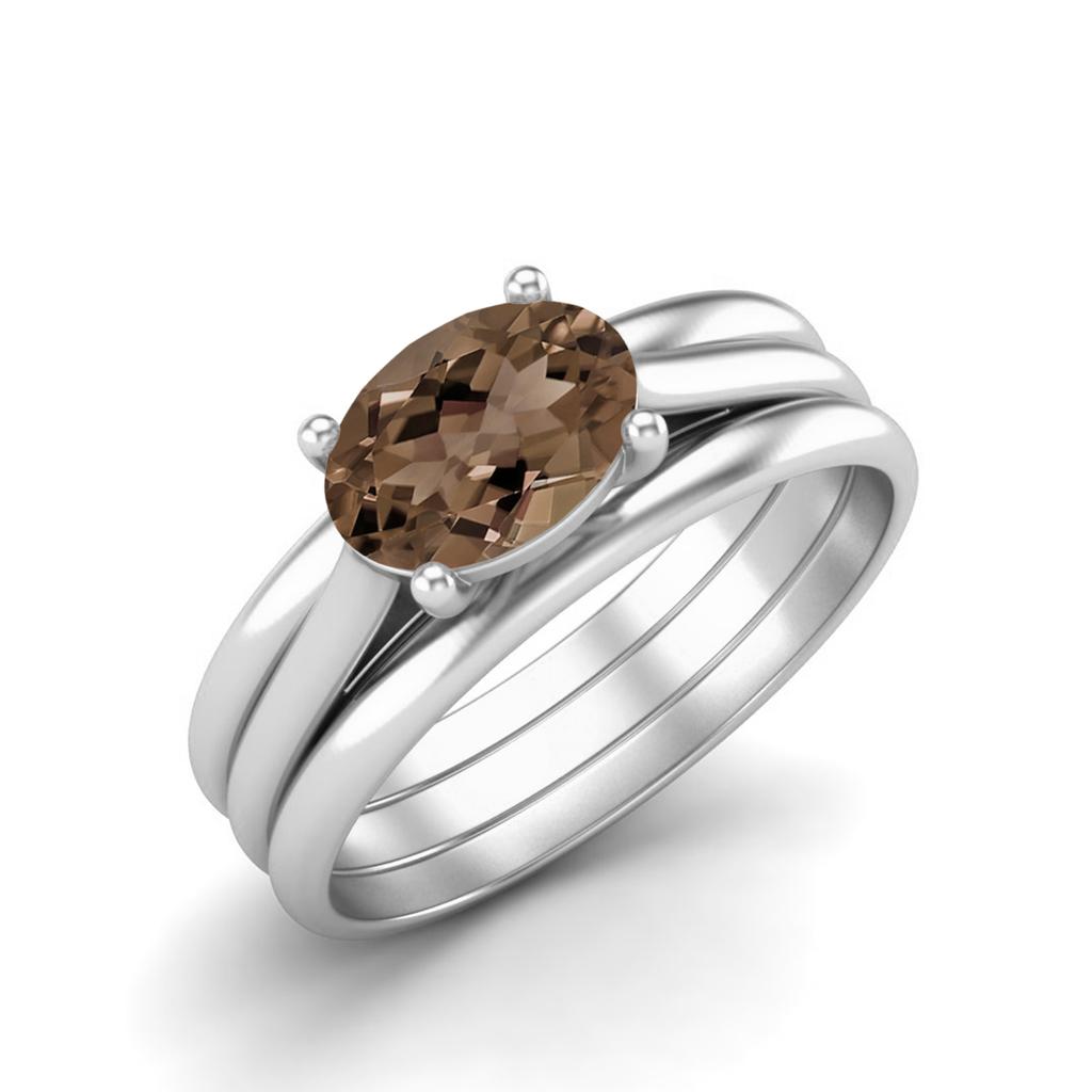 7X5mm Oval Smoky Quartz 925 Sterling Silver Three Shank Solitaire Women Engagement Ring